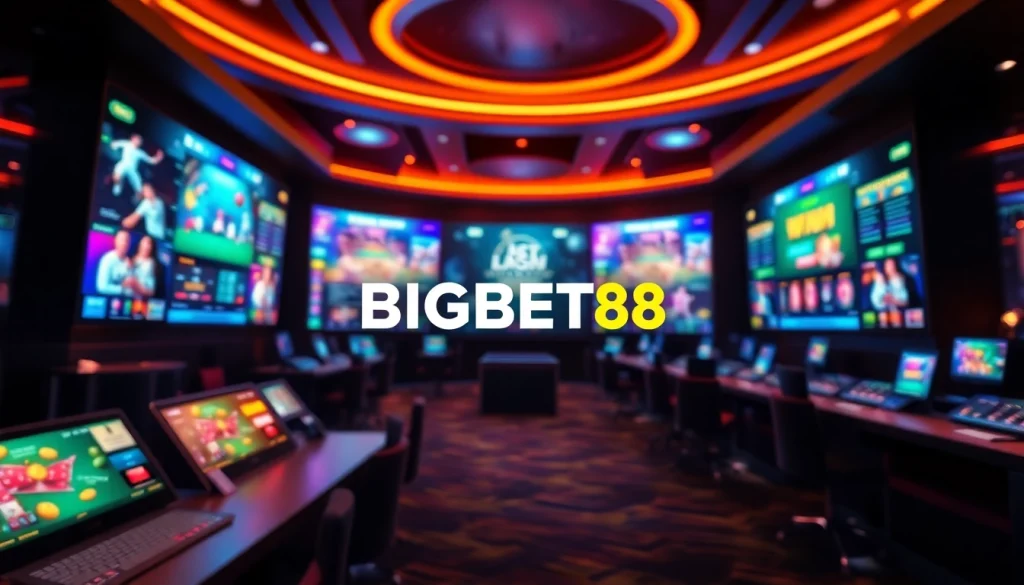 Explore a dynamic online betting platform featuring Nhà cái BIGBET88 logo amidst vibrant gaming visuals.