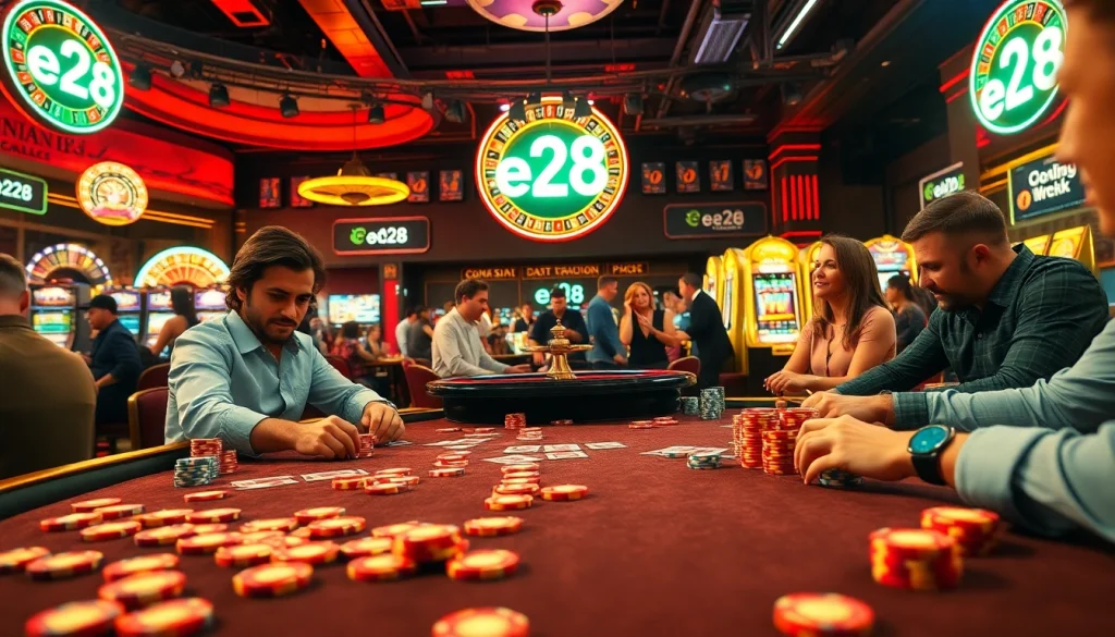 Exciting casino atmosphere with e28 branding; poker players, roulette wheel, and vibrant slot machines.