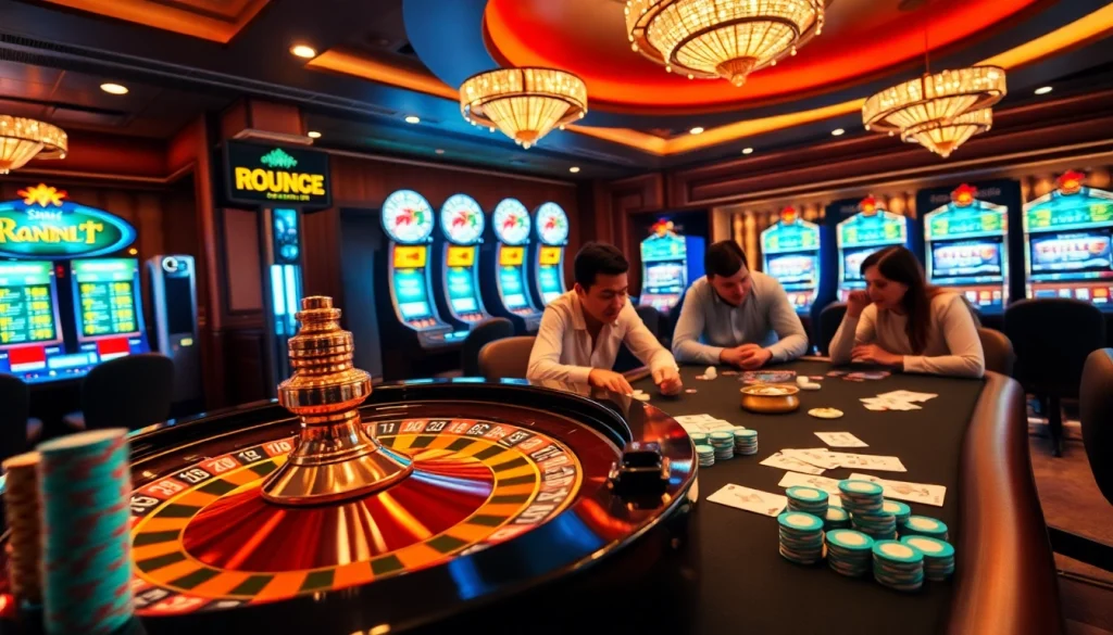 A thrilling casino scene with players at a poker table, showcasing the review nhà cái on signage amidst colorful chips and vibrant atmospheres.