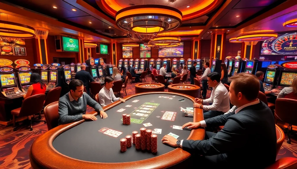 Dynamic casino scene at vsbet3 net featuring engaged players at a poker table and spinning roulette wheel.