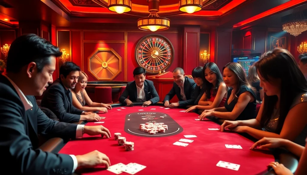 A dynamic poker game scene capturing the thrill of players at the table, part of the experience offered at https://jun88buzz.info/.